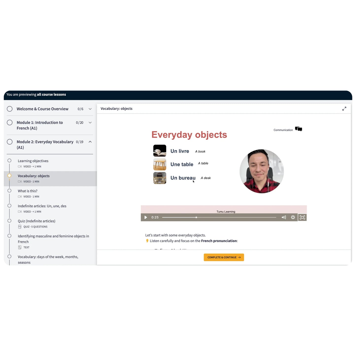 TCF Canada vocabulary video lesson inside student dashboard