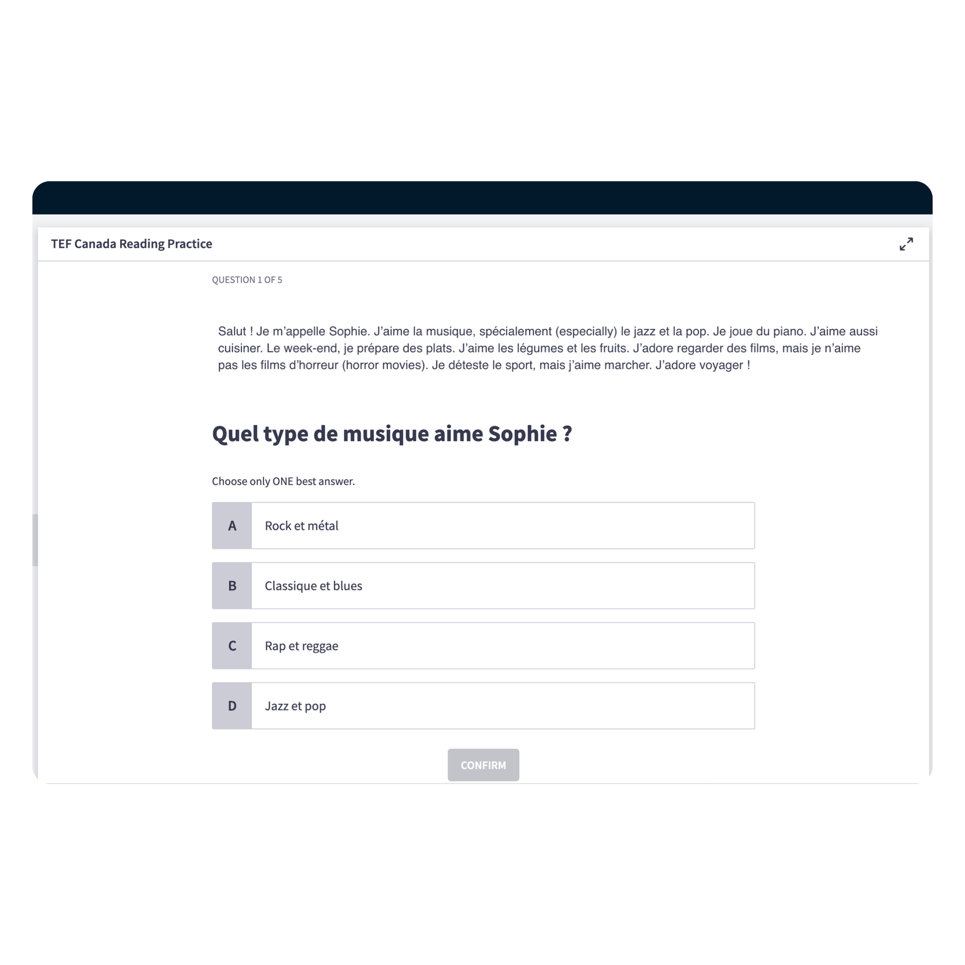 Official TEF Canada reading practice quiz with instant scoring criteria