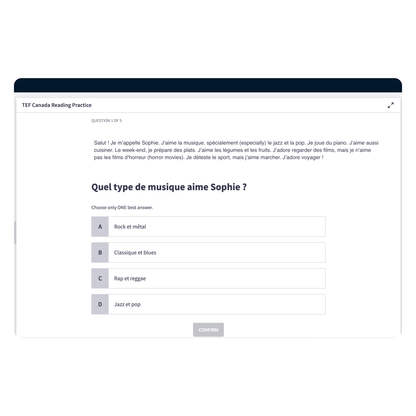 Official TEF Canada reading practice quiz with instant scoring criteria