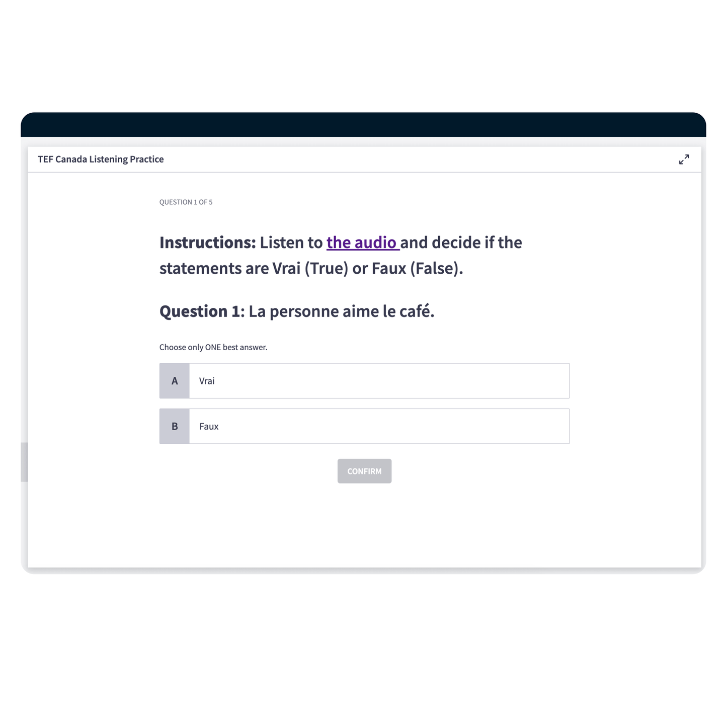 Official TEF Canada listening practice quiz with instant scoring criteria