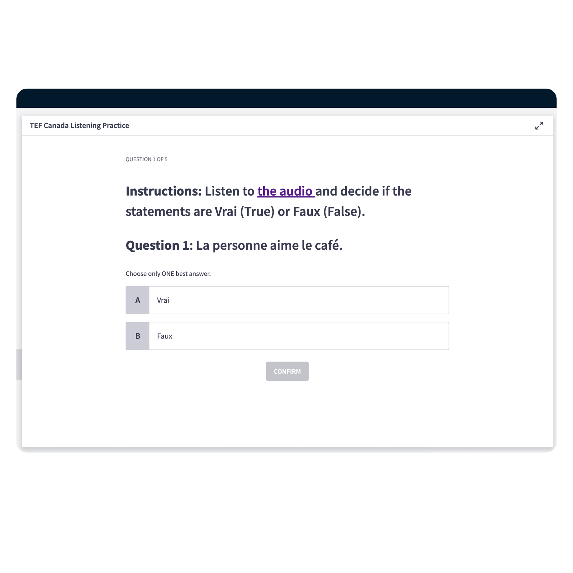 Official TEF Canada listening practice quiz with instant scoring criteria