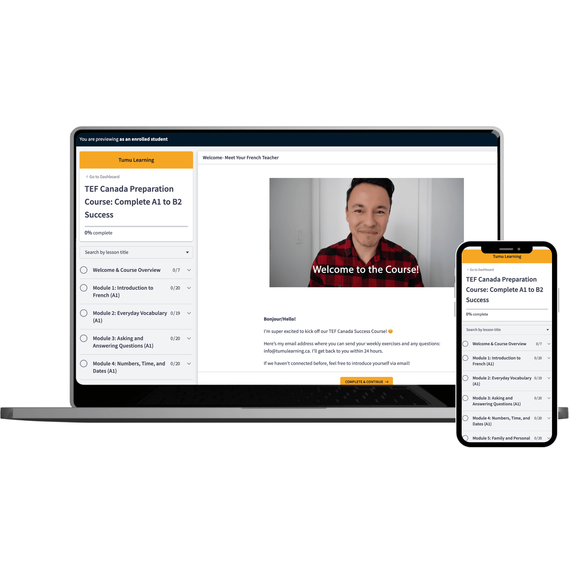 TEF Canada Success Course online learning platform shown on laptop and mobile screen