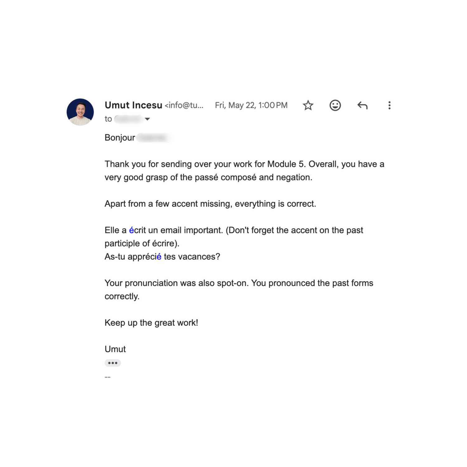 Sample email from Dr. Umut showing line-by-line TEF Canada writing corrections and NCLC 7 scoring feedback.