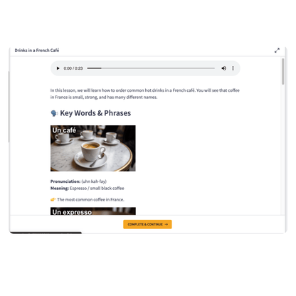 A screenshot of an online lesson player titled 'Drinks in a French Café' showing instructional content about ordering hot drinks in a French café.