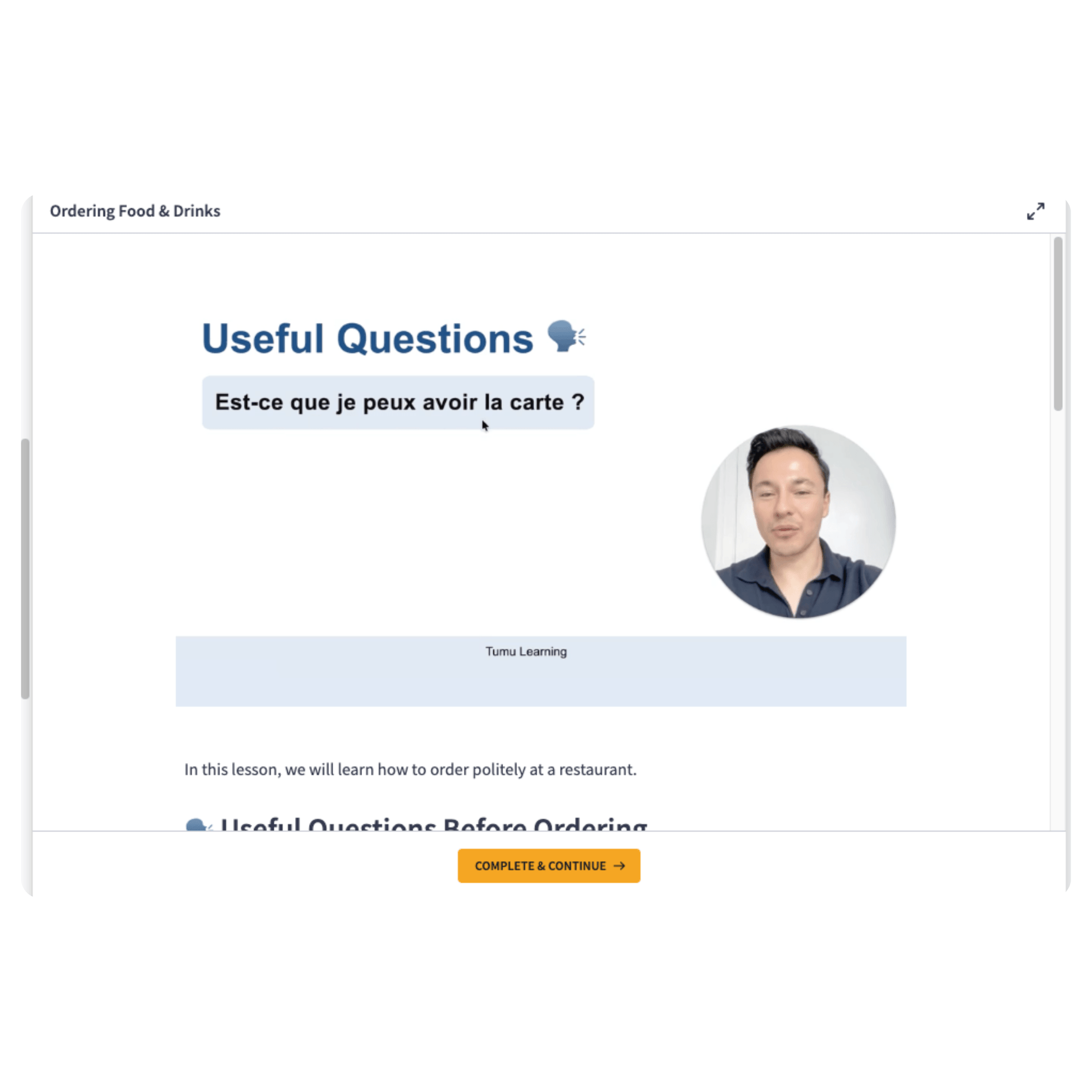 A screenshot of an online lesson page titled 'Useful Questions' with French text, a small profile picture of a man.