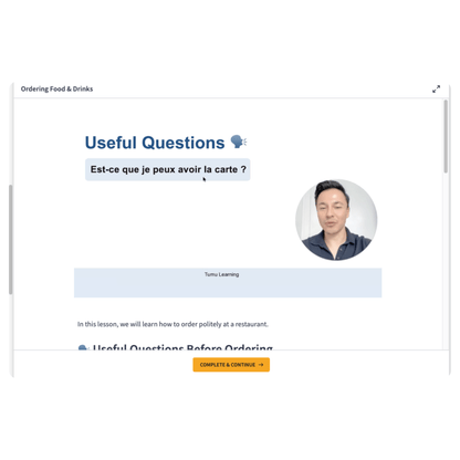 A screenshot of an online lesson page titled 'Useful Questions' with French text, a small profile picture of a man.