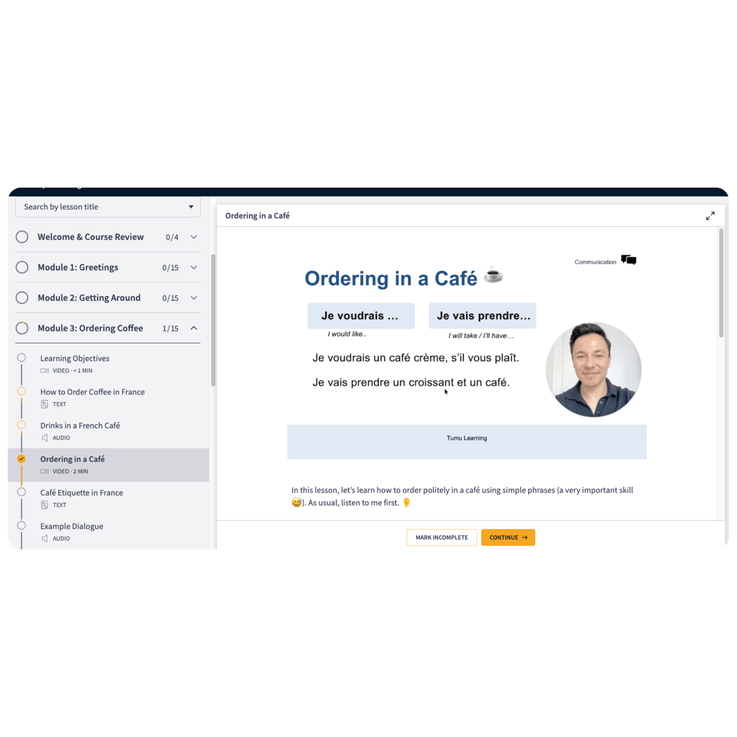 A screenshot of an online French learning platform interface showing a lesson titled 'Ordering in a Café'.