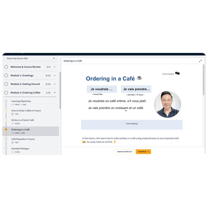 A screenshot of an online French learning platform interface showing a lesson titled 'Ordering in a Café'.